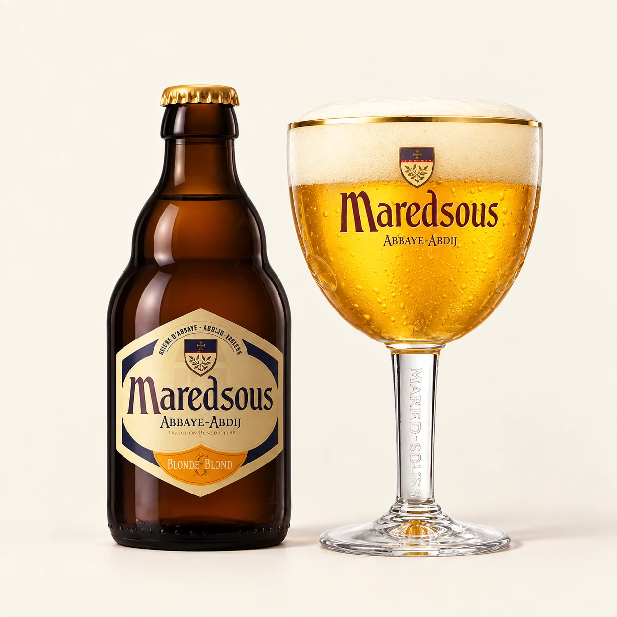 Bouteille et verre Maredsous Blonde