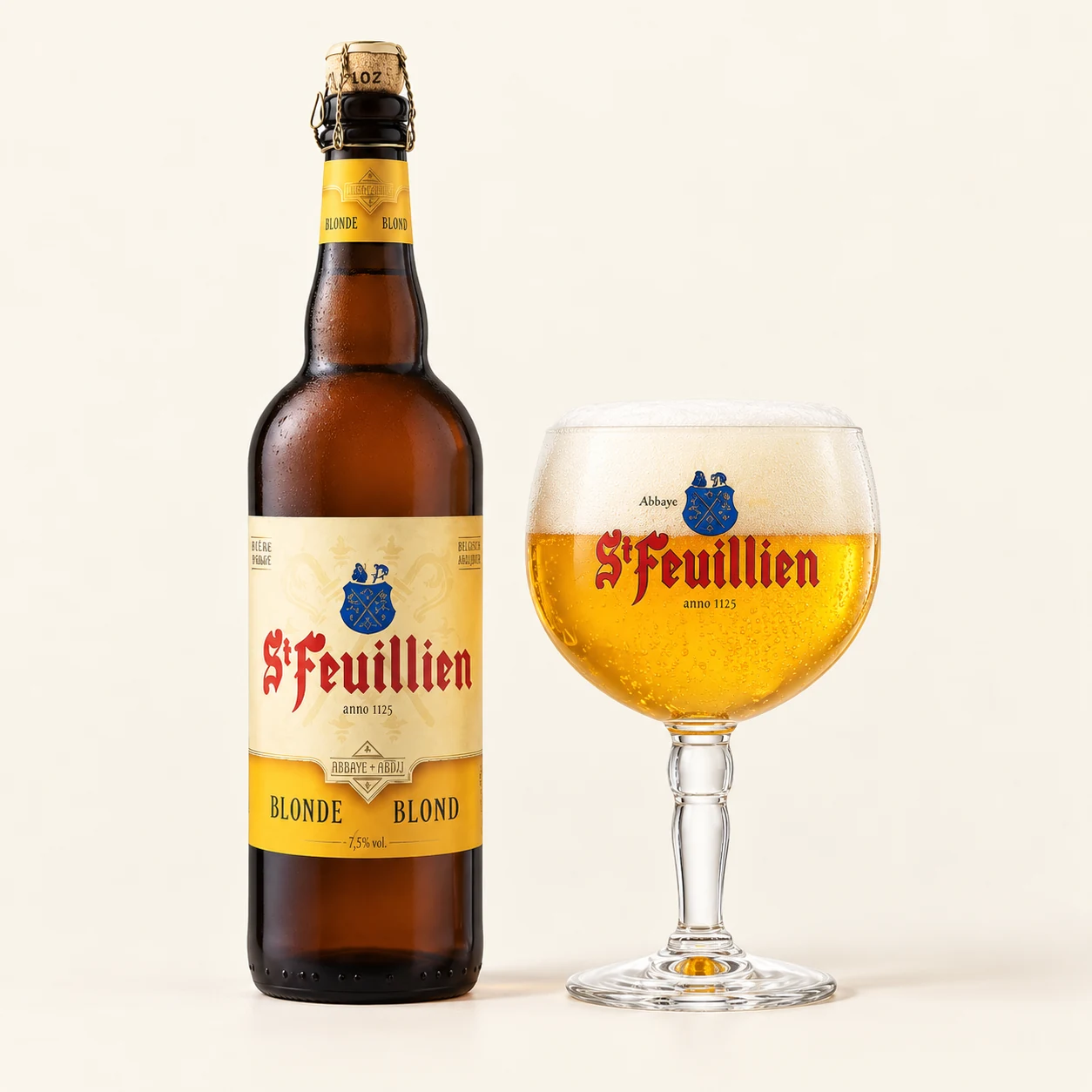 Bouteille et verre St-Feuillien Blonde